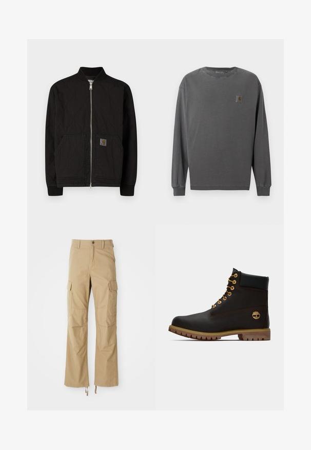 Veste bomber matelassée noire avec col côtelé, fermeture éclair à l'avant et poches latérales. Présente un écusson logo sur la poche gauche.; Chemise à manches longues en coton gris foncé. Elle comporte un col rond, des poignets élastiques et un petit patch logo carré sur la poitrine gauche.; Pantalons cargo kaki en tissu durable, dotés de plusieurs poches latérales, d'une coupe droite et de cordons de serrage réglables à l'ourlet.; Bottine noire en cuir avec œillets dorés, accents marron et semelle en caoutchouc. Comprend un col rembourré et un logo estampé sur le côté.