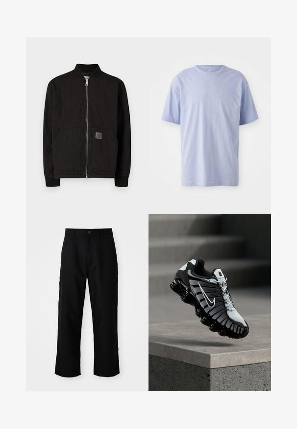 Sort vatteret bomberjakke med ribbet krave, lynlås foran og sidelommer. Har et logoemblem på venstre lomme.; Lysblå bomulds T-shirt med rund halsudskæring og korte ærmer. Har et præget "nike" logo i midten foran. Blød tekstur.; Sorte lige ben bukser med bæltestropper, frontknap og lynlås lukning på ensfarvet lys baggrund.; Sort og hvid Nike løbesko svævende over en betonoverflade med en trappet stens baggrund.