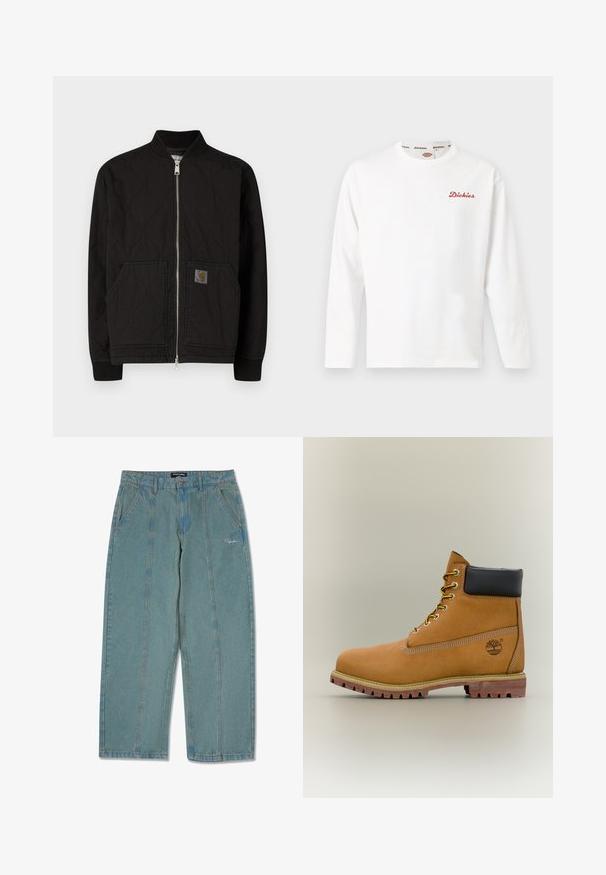 Veste bomber matelassée noire avec col côtelé, fermeture éclair à l'avant et poches latérales. Présente un écusson logo sur la poche gauche.; T-shirt blanc à manches longues et col rond avec petit logo "Dickies" rouge sur la poitrine gauche et doublure de col marquée.; Pantalons en denim bleu clair, non usés, avec une coupe droite, comportant des poches avant et un logo brodé discret près de la taille.; Bottine en cuir marron avec col noir, lacets jaunes et semelle beige. Présente un logo et des détails de couture blanche. Semelle extérieure à traction robuste.