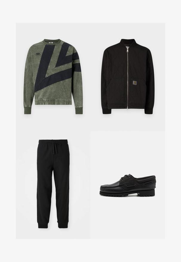 Schwarze gesteppte Bomberjacke mit geripptem Kragen, Frontreißverschluss und Seitentaschen. Mit einem Logo-Patch auf der linken Tasche.; Langärmliges, grün-schwarz color-blocked Sweatshirt mit gerippten Bündchen und Kragen, mit Umbro-Logo auf der linken Brust.; Schwarze Sweatpants mit elastischem Bund und verstellbarem Kordelzug. Enganliegende Bündchen und Seitennähte schaffen eine schlanke Silhouette.; Schwarzer Schuh mit einem Obermaterial aus Leder, textilen Akzenten, runden Schnürsenkeln und einer strukturierten Gummisohle. Verfügt über Mokassin-Nähte und eine Markeninschrift.