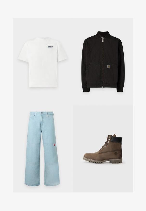 Sort vatteret bomberjakke med ribbet krave, lynlås foran og sidelommer. Har et logoemblem på venstre lomme.; Hvid bomulds T-shirt med et blåt broderet "Timberland Rugged Active Gear" logo på den øverste venstre bryst. Korte ærmer og rund hals.; Lyseblå vidde jeans i denim med kontrastpatches. Har en frontknaplukning og en lille logopatch på sidelommen.; Brune læder ankelstøvle med sort krave, metaløjer og slidstærk grå sål. Har logo på siden og syet detaljer.