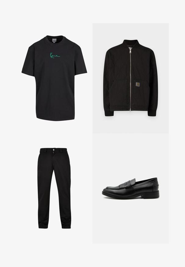 Sort vatteret bomberjakke med ribbet krave, lynlås foran og sidelommer. Har et logoemblem på venstre lomme.; Sort bomulds T-shirt med korte ærmer og rund hals. Har grøn "Kanye" signatur grafik foran. Ensfarvet bagpå og afslappet pasform.; Sorte bukser lavet af glat stof, med lynlås og knaplukning samt sidelommer. Tapered fit med et rent, minimalistisk design.; Sort læder herre loafers med kvast detalje, rundet tå, lav hæl og glat poleret finish, vist fra siden på hvid baggrund.