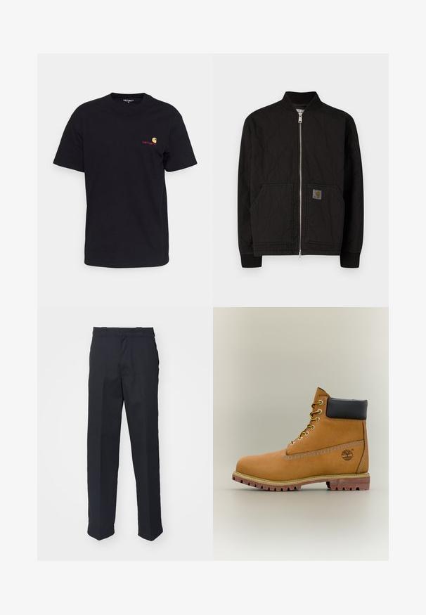 Veste bomber matelassée noire avec col côtelé, fermeture éclair à l'avant et poches latérales. Présente un écusson logo sur la poche gauche.; T-shirt en coton noir à manches courtes, col rond, avec un petit logo coloré sur la poitrine gauche. Coupe classique avec une texture lisse.; Pantalons noirs sur mesure avec une coupe droite, en tissu lisse, dotés d'une taille avec passants et sans motifs ni pièces métalliques visibles.; Bottine en cuir marron avec col noir, lacets jaunes et semelle beige. Présente un logo et des détails de couture blanche. Semelle extérieure à traction robuste.
