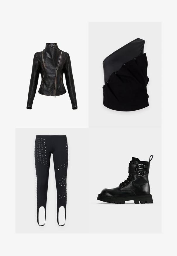 Chaqueta de cuero negro con cremallera asimétrica en el frente, cuello alto y dos bolsillos laterales con cremallera, estilo entallado con mangas largas.; Top asimétrico negro que presenta un panel de cuero liso y un tejido de punto texturizado con detalles fruncidos y botones a presión.; Leggings ajustados negros con cinturilla elástica, con múltiples filas de ojales plateados y correas para los pies estilo estribo.; Bota de combate de cuero negro con suela gruesa de tacos, correas laterales con hebilla, cordones y pestaña para tirar del talón sobre un fondo claro.