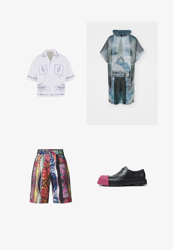 Robe de bain courte avec un motif abstrait de vagues en bleu, vert et blanc, à manches courtes, capuche et poche avant avec détail en bouton.; Chemise blanche à manches courtes avec des motifs graphiques bleus, y compris des poches, un motif de branche d'olivier et des détails de col contrastants.; Shorts taille haute avec des rayures verticales colorées et des motifs géométriques et floraux complexes en rouge, rose, bleu, jaune et noir.; Chaussure en cuir noire à lacets avec une semelle épaisse et un embout en caoutchouc rose exagéré qui s'étend à l'avant.