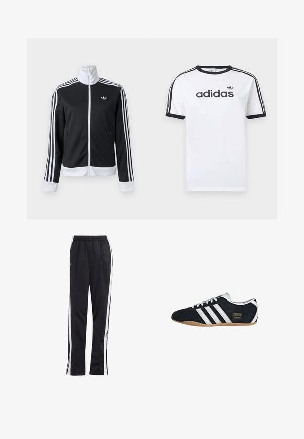 Chaqueta deportiva en blanco y negro con cremallera completa delante, cuello blanco, tres rayas blancas en las mangas y pequeño logo en el pecho izquierdo.; Camiseta blanca de algodón con detalles en negro, presenta un cuello redondo, mangas cortas, tres rayas negras en los hombros y el logo "adidas" en negro.; Pantalones deportivos negros con rayas laterales blancas, cintura elástica y parche con logo. Fabricados con una tela suave y ligera. Diseño de pierna recta.; Zapatillas de ante negro con tres franjas blancas, logotipo dorado y suela de goma marrón. Presentan un diseño de cordones de perfil bajo.