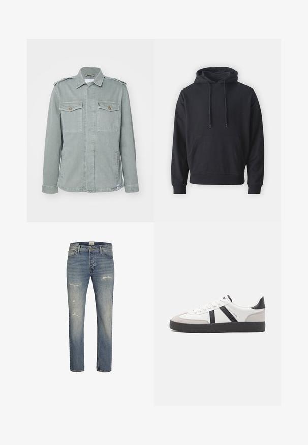 Vihreä denim-takki, jossa on sotilasmallinen muotoilu. Takissa on kaksi rintataskua, hartiapelejä ja suora leikkaus. Pintakuvio on sileä.; Musta huppari, puuvillasekoitemateriaali, etutasku, säädettävät narut, resorit hihansuissa ja helmassa, sileä pinta.; Vaaleansiniset farkut, joissa on suora lahje, etupuolella kulutettua ilmettä, sekä klassinen viiden taskun malli vetoketjulla.; Valkoiset lenkkarit mustilla ja harmailla yksityiskohdilla, joissa on teksturoitu harmaa kärki, musta kumipohja ja litteät valkoiset nauhat. Siisti muotoilu, minimalistinen tyyli.