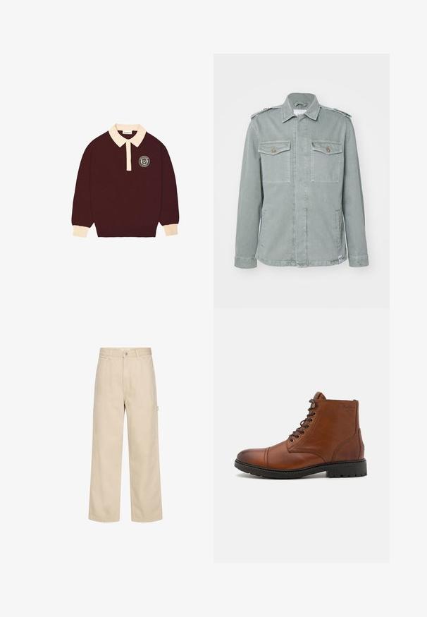 Lichtgroene denimjacket met een militair ontwerp, voorzien van twee borstzakken, schouderepauletten en een recht snit. Gladde textuur.; Bordeaux lange mouwen polo shirt met een crèmekleurige kraag en manchet, knoopsluiting en een cirkelvormig "Prohibited Berlin" logo op de linkerkant van de borst.; Beige broek met wijde pijpen, voorzien van ceintuurlussen, zijzakken en een knoopsluiting, afgebeeld tegen een effen witte achtergrond.; Bruin leren enkelboot met een ronde neus, vetersluiting aan de voorkant en een gestructureerde hak. Stevige zwarte rubberen zool met antislipprofiel.
