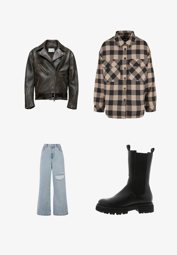 Brun læder bikerjakke med tekstureret finish, asymmetrisk lynlås og flere lynlåslommer; har en bælte i taljen og bred krave.; Rutet flannel skjorte i beige og mørkegrå. Har en knap-ned front, to brystlommer og en nedfoldet krave. Løs pasform.; Lysvasket denim wide-leg jeans med høj talje, slidte områder og en rå kant. Blød tekstur med en løs pasform.; Sorte læder ankelstøvler med et slankt design, elastiske sidepaneler, grebsløkker og en kraftig gummisål med et takkede mønster.