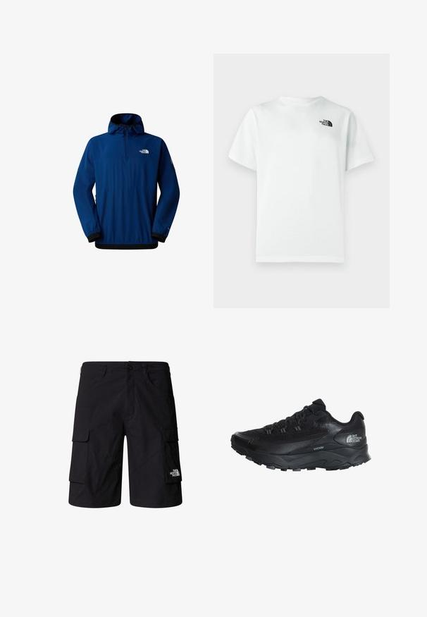 Blauer Pullover aus leichtem Stoff mit halbhohem Reißverschluss, verstellbarer Kapuze und elastischen Bündchen. Logo auf der Brust und am Ärmel.; Weißes Baumwoll-T-Shirt mit kurzen Ärmeln und Rundhalsausschnitt, versehen mit einem kleinen schwarzen Logo auf der linken Brustseite. Glatte Textur.; Schwarze Cargo-Shorts aus leichtem Stoff, ausgestattet mit zwei Seitentaschen, zwei Cargotaschen und einem Markenlogo am unteren rechten Bein.; Schwarzer Sportschuh mit einem atmungsaktiven Mesh-Obermaterial, Gummisohle, strukturierten Akzenten und verstärkter Zehenkappe für Langlebigkeit.