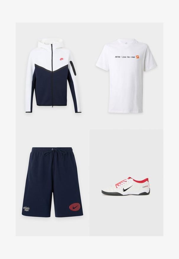 Hættetrøje fra Nike med hvid øverste del, mørkeblå nederste sektion, sort lynlås midt foran og lille rød Nike-logo på venstre bryst.; Hvid T-shirt med korte ærmer med teksten "Nike Sportswear" i grå og marineblå samt et orange Nike-logo på brystet.; Marineblå træningsshorts med elastisk talje og snøre, med teksten "athletic dept." på venstre ben og rød Nike-swoosh-logo på højre ben.; Hvide atletiske sko med røde accenter, sort Swoosh-logo og struktureret design. Har hvide snørebånd og en sort ydersål. Teksten læser "total90."