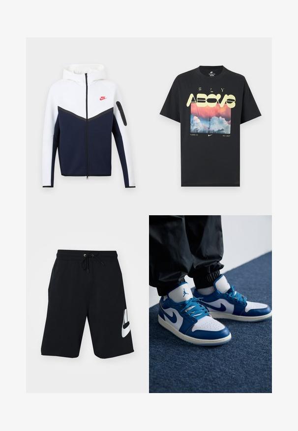 Chaqueta con capucha de Nike con parte superior blanca, sección inferior azul marino, cremallera negra en el centro y pequeño logo rojo de Nike en el pecho izquierdo.; Camiseta negra de algodón con un gráfico que muestra nubes, un cielo rosa y azul, y un texto amarillo llamativo que dice "FLY ABOVE" y "THERE IS NO LIMIT."; Pantalones cortos de algodón negro con cintura elástica y cordón, bolsillos laterales y gran logo blanco de Nike impreso en el muslo izquierdo. Diseño atlético clásico.; Las zapatillas Nike Air Jordan cuentan con una base de cuero blanco con acentos sintéticos azules, una caja de dedos perforada y cordones azules.
