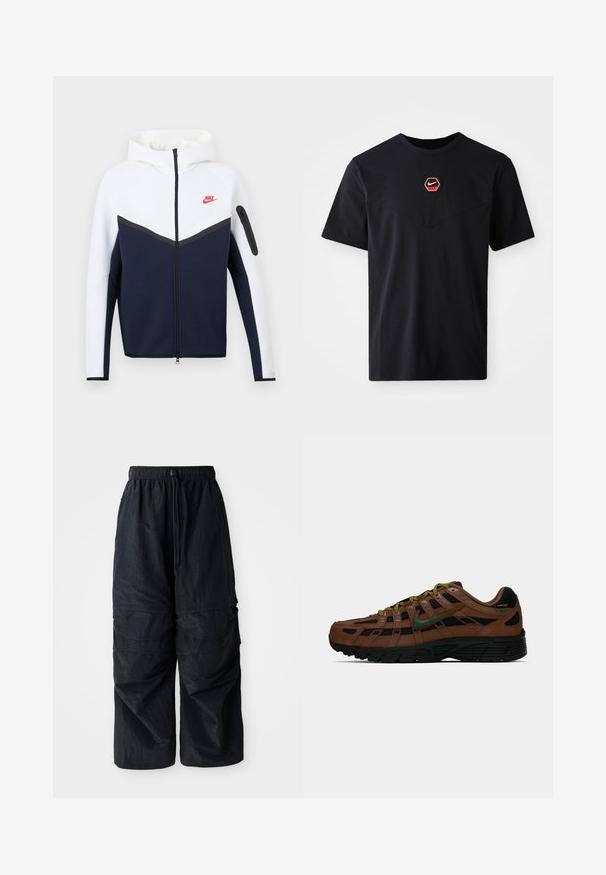 Nike-jas met capuchon, witte bovenkant, donkerblauwe onderkant, zwarte rits in het midden en een klein rood Nike-logo op de linkerborst.; Zwart T-shirt met korte mouwen van katoen, met een zeshoekig rood-wit Nike-logo op de borst en een ronde hals.; Zwarte lichtgewicht nylon cargo pants met elastische tailleband, verstelbare trekkoord en meerdere gelaagde zakken op de benen.; Bruine en zwarte lage sneakers met groene Nike swoosh, gele en zwarte veters en zwarte zool, zijaanzicht op een effen achtergrond.