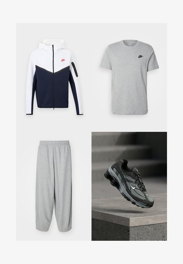 Veste à capuche Nike avec partie supérieure blanche, partie inférieure bleu marine, fermeture éclair noire au centre et petit logo Nike rouge sur le côté gauche de la poitrine.; T-shirt gris à manches courtes en coton, arborant un logo noir de Nike sur la poitrine et un col rond. Design minimaliste sans motifs.; Pantalons de jogging gris clair, amples et fabriqués en tissu doux. Taille élastique et poignets aux chevilles. Design simple et sans ornements.; Baskets athlétiques grises et noires avec panneaux en mesh et semelle épaisse, positionnées en plein air au-dessus d'un rebord en béton avec des escaliers en arrière-plan.