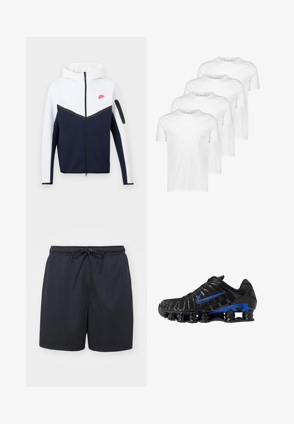 Nike-Kapuzensweatshirt mit weißem Oberteil, dunkelblauem Unterteil, schwarzem Reißverschluss in der Mitte und kleinem roten Nike-Logo auf der linken Brust.; Weiße Baumwoll-T-Shirts, kurze Ärmel, runder Ausschnitt, glatte Textur, vier Stück gestapelt mit einheitlichem Design und ohne Muster oder Akzente.; Schwarze Sportshorts aus strukturiertem, atmungsaktiven Stoff; verfügen über einen elastischen Bund mit Kordelzug für eine verstellbare Passform.; Schwarzer Sportschuh mit Obermaterial aus Mesh und glänzenden Akzenten. Verfügt über einen blauen Swoosh, einen gepolsterten Kragen und eine auffällige schwarze Gummisohle mit sichtbarem Dämpfungselement.