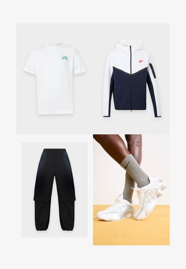 Nákladná bunda Nike s bielou hornou časťou, tmavomodrou spodnou časťou, čiernym zipsom uprostred a malým červeným logom Nike na ľavej strane hrude.; Biela bavlnená tričko s malým zeleným logom Nike na ľavej hrudi. Krátke rukávy a klasický dizajn s okrúhlym výstrihom. Mäkká textúra.; Čierne a tmavomodré pracovné nohavice s elastickým pásom a manžetami, s vreckami so zipsami na boku a vrstvami látky na stehnách.; Biele tenisky Nike so striebornými akcentmi, vybavené textúrovanými panelmi a perforáciami. Spárované so šedými rebrovanými ponožkami, umiestnené na žltom pozadí.