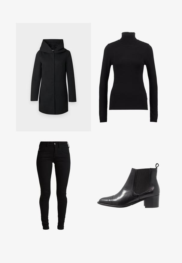 Sort lang frakke med bred krave og skjult forlukning foran, vist fladt på en lysegrå baggrund.; Sort turtleneck sweater lavet af blød stof, med lange ærmer og en tætsiddende silhuet. Enkel design uden synlige mønstre eller dekorationer.; Sorte skinny jeans lavet af denim med et klassisk fem-lomme design, bæltesløjfer og knaplukning foran. Glat, strækbart materiale.; Sorte læder ankelstøvler med elastiske sidepaneler, rund tå og tekstureret blokhæl. Har en løkke til at trække i bagpå for nem påtagning.
