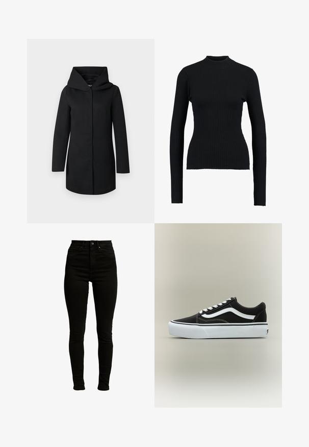 Sort lang frakke med bred krave og skjult forlukning foran, vist fladt på en lysegrå baggrund.; Sort ribbet turtleneck sweatertype med lange ærmer og en tætsiddende pasform, der har en glat tekstur og en struktureret silhuet.; Sorte højtaljede skinny jeans fremstillet af denim med let stræk, med lynlås, enkelt knaplukning og fem-lomme design.; Lavtop sort sneaker med hvid side stribe, hvide snørebånd, hvid gummisål og tekstureret tåhætte på neutral baggrund.
