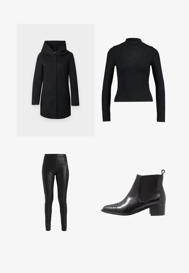Manteau long noir avec large col et fermeture avant dissimulée, présenté à plat sur un fond gris clair.; Haut noir à manches longues en col roulé fabriqué dans un tissu côtelé, avec un design ajusté et une silhouette élancée. Pas de motifs ni d'accents.; Leggings en simili cuir noir avec une taille haute. Le tissu a une finition lisse et brillante ainsi qu'une coupe moulante qui se resserre aux chevilles.; Botte de cheville en cuir noir avec des panneaux élastiques sur les côtés, bout rond et talon en bloc texturé. Dispose d'une languette en boucle à l'arrière pour un enfilage facile.