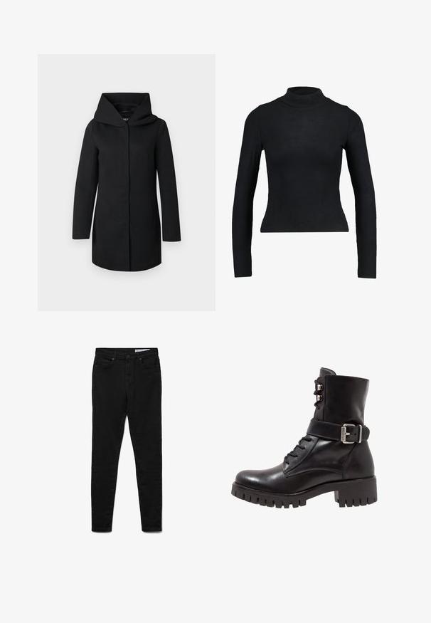 Zwarte lange jas met brede kraag en verborgen sluiting aan de voorkant, plat weergegeven op een lichtgrijze achtergrond.; Zwart langemouwen turtleneck top gemaakt van ribbelstof, met een aansluitend ontwerp en slanke silhouette. Geen patronen of accenten.; Zwarte denim jeans met een slanke pasvorm, voorzien van een taille op middenhoogte, vijf zakken, metalen knoopsluiting en subtiele stiksel-details.; Zwarte leren enkelboot met vetersluiting aan de voorkant, verstelbare metalen gespsluiting en een grove loopzool. Kenmerken een gladde afwerking en gestructureerd ontwerp.