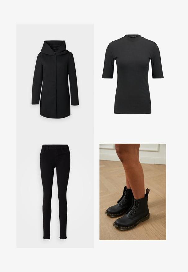 Manteau long noir avec large col et fermeture avant dissimulée, présenté à plat sur un fond gris clair.; T-shirt noir à côtes avec un col montant et des manches courtes. Design lisse et ajusté sans motifs ni détails matériels visibles.; Pantalons slim fit noirs avec fermeture à bouton, passants de ceinture et poches avant, présentés sur un fond clair et uni.; Bottines en cuir noir avec fermeture éclair et design à lacets, arborant des coutures jaunes et une semelle épaisse et texturée.