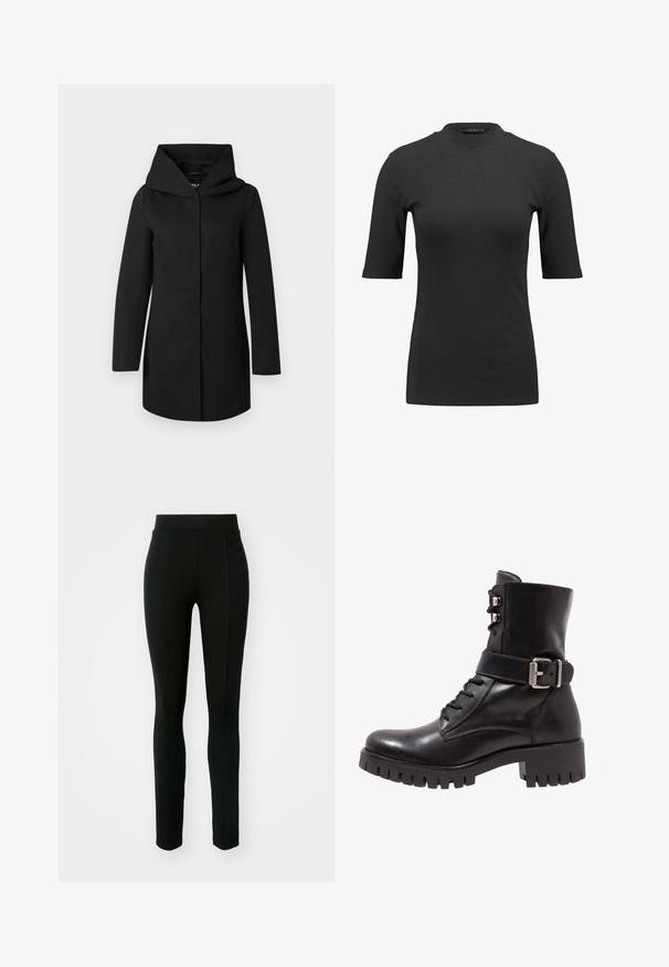 Abrigo largo negro con cuello ancho y cierre frontal oculto, mostrado plano sobre un fondo gris claro.; Camiseta negra de canalé con un cuello alto y mangas cortas. Diseño liso y ajustado sin patrones ni detalles de hardware visibles.; Leggings negros de material elástico, con cintura alta, corte ajustado y dos bolsillos frontales sin costuras visibles.; Botín de cuero negro con cierre de cordones en la parte delantera, hebilla de metal ajustable y suela con tacos gruesos. Presenta un acabado suave y un diseño estructurado.