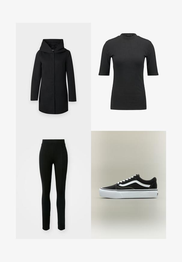 Abrigo largo negro con cuello ancho y cierre frontal oculto, mostrado plano sobre un fondo gris claro.; Camiseta negra de canalé con un cuello alto y mangas cortas. Diseño liso y ajustado sin patrones ni detalles de hardware visibles.; Leggings negros de material elástico, con cintura alta, corte ajustado y dos bolsillos frontales sin costuras visibles.; Zapatilla deportiva negra de corte bajo con raya lateral blanca, cordones blancos, suela de goma blanca y puntera texturizada sobre fondo neutro.