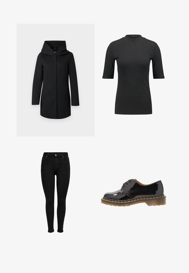Sort lang frakke med bred krave og skjult forlukning foran, vist fladt på en lysegrå baggrund.; Sort ribbet t-shirt med høj hals og korte ærmer. Glat, tætsiddende design uden mønstre eller synlige hardwaredetaljer.; Sorte højtaljede skinny jeans med forreste knap, bæltestropper og fem-lomme design, vist mod en hvid baggrund.; Sort lakerede snøresko med rundt tå, gul syning og en tyk, tekstureret brun sål.