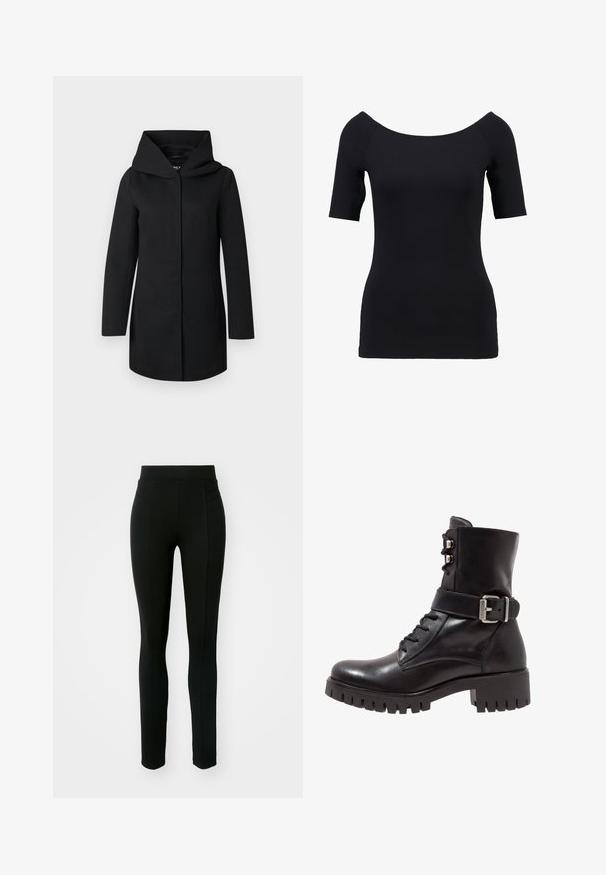 Sort lang frakke med bred krave og skjult forlukning foran, vist fladt på en lysegrå baggrund.; Sort kortærmet top med off-the-shoulder halsudskæring, tætsiddende design og glat tekstur. Ingen synlige mønstre eller hardwaredetaljer.; Sorte leggings lavet af strækbart materiale, med høj talje, tætsiddende pasform og to frontlommer uden synlige syninger.; Sort læder ankelstøvle med snørebånd foran, justerbar metalspænde og kraftig sål. Har en glat overflade og struktureret design.