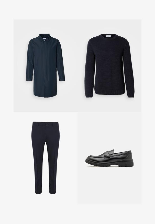 Imperméable bleu marine avec une silhouette droite, col boutonné, poches latérales et manches longues en tissu lisse et résistant à l'eau.; Pull en laine bleu marine à col rond, avec des poignets et un ourlet côtelés. Texture lisse sans motifs ni accents visibles. Design simple et classique.; Pantalons taillés bleu marine en tissu lisse, avec fermeture par bouton, poches avant et ourlets retournés. Design slim fit avec des lignes épurées.; Mocassin en cuir noir avec une large sangle sur le devant, semelle en caoutchouc à épaisse rainure, et texture lisse. Design classique et élégant.