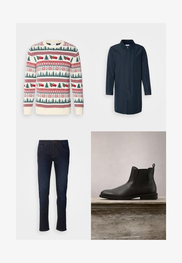 Marineblauer Regenmantel mit gerader Silhouette, geknöpftem Kragen, Seitentaschen und langen Ärmeln aus glattem, wasserabweisendem Stoff.; Strickpullover mit einer cremefarbenen Basis, roten und grünen Mustern von Bäumen, Lastwagen und Schneeflocken, mit gerippten Bündchen und Saum.; Dunkelblaue Jeans aus Denim mit geradem Bein, ausgestattet mit Fronttaschen, einem Reißverschluss und dezenten Nähdetails.; Schwarze Leder-Stiefelette mit glatter Textur, gerundetem Zehenbereich, elastischen seitlichen Einsätzen und einer Zuglasche, auf einer Holzoberfläche platziert.