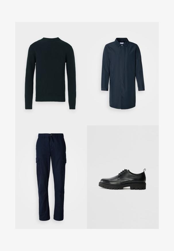 Mørkeblå regnfrakke med en lige silhuet, knaplukket krave, sidelommer og lange ærmer i glat, vandafvisende stof.; Sort langærmet strikket sweater med rund halsudskæring og ribbede manchetter og kant, vist på en ensfarvet hvid baggrund.; Marineblå cargo bukser lavet af slidstærkt stof, med to sidelommer og en snor i taljen for justerbar pasform.; Sort læder sko med en rund tå, der har snørelukning, solid sort gummisål og en lille hælflap bagpå.