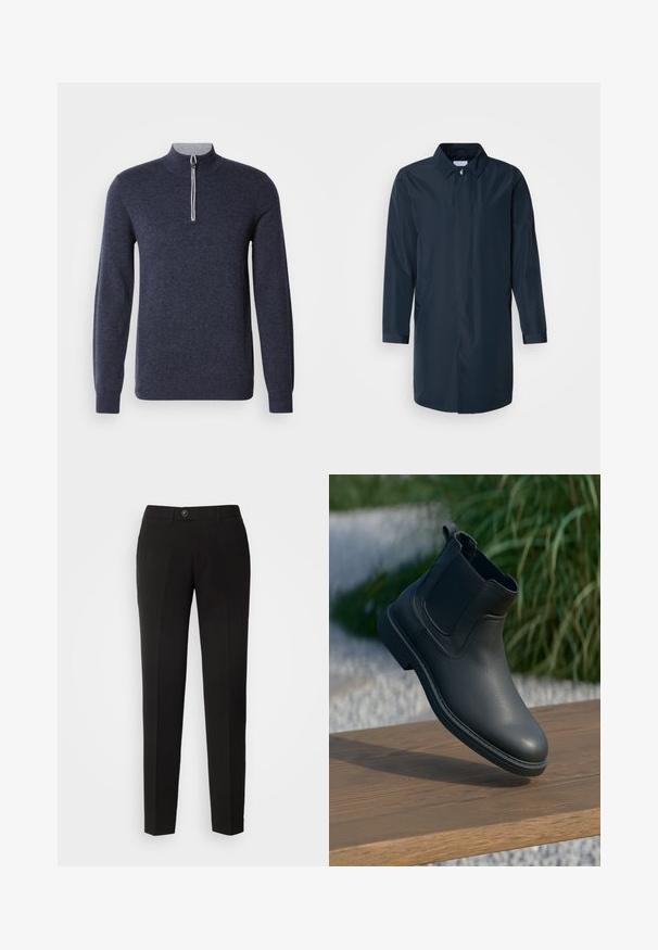 Impermeable azul marino con silueta recta, cuello abotonado, bolsillos laterales y mangas largas en tela suave y resistente al agua.; Suéter azul marino con media cremallera y cuello gris. Hecho de una tela texturizada, cuenta con mangas largas y un diseño ajustado.; Pantalones rectos negros de tejido suave, con cierre de botón y bolsillos laterales con un diseño clásico.; Botín negro de cuero hasta el tobillo con paneles laterales elásticos, acentos texturizados y suela de goma; la exhibición incluye una superficie de madera y vegetación.