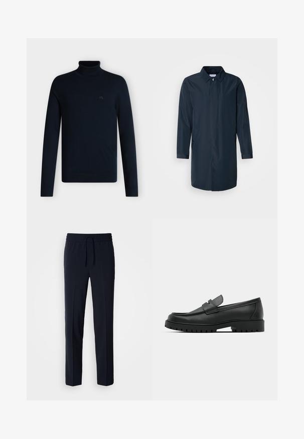 Imperméable bleu marine avec une silhouette droite, col boutonné, poches latérales et manches longues en tissu lisse et résistant à l'eau.; Pull noir à col roulé manches longues avec col, poignets et ourlet côtelés, présenté sur un fond blanc uni.; Pantalons légers bleu marine avec une taille élastique et un cordon de serrage réglable, présentant un design coupe droite et une texture lisse.; Mocassins en cuir noir à bout arrondi, avec un design cousu, une semelle plateforme basse et une semelle en caoutchouc texturée et crantée.