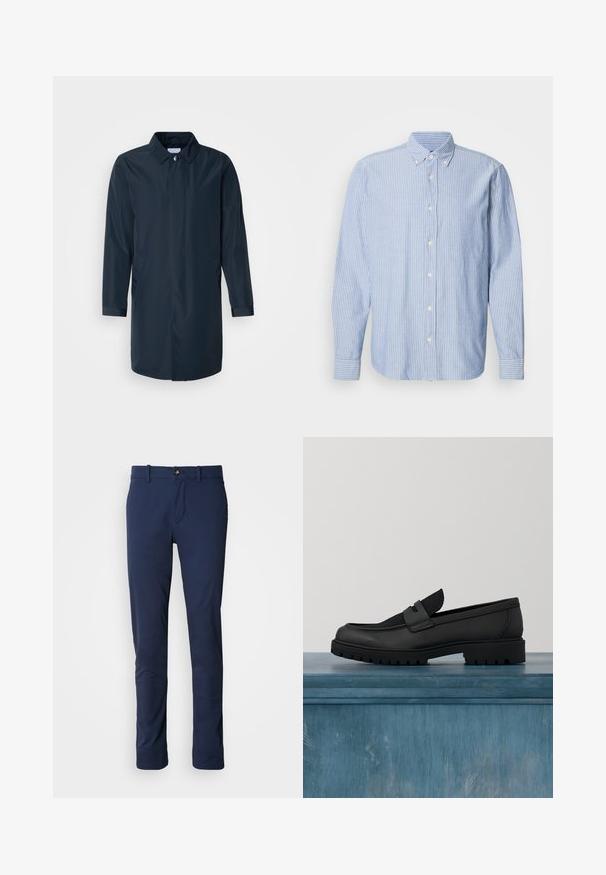 Impermeable azul marino con silueta recta, cuello abotonado, bolsillos laterales y mangas largas en tela suave y resistente al agua.; Camisa de botones en azul claro con rayas blancas, que presenta un cuello clásico y mangas largas. Confeccionada en tejido tejido con una textura suave.; Pantalones azul marino de tela suave, con un diseño de pierna recta, cierre de cremallera y un único bolsillo frontal con cierre de botón.; Zapato negro de cuero tipo slip-on con un detalle de tela texturizada, suela de goma resistente y acabado suave. Presenta un detalle sutil de costuras.