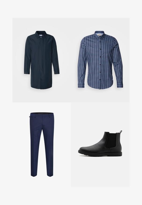 Imperméable bleu marine avec une silhouette droite, col boutonné, poches latérales et manches longues en tissu lisse et résistant à l'eau.; Scotch & Soda SLIM FIT SHIRT - Chemise - faded denim; Pantalons ajustés bleu marine en tissu lisse, avec une coupe slim et un devant plat sans poches visibles ni ornements.; Bottine Chelsea en cuir noir avec des panneaux latéraux en élasthanne, une languette et une semelle en caoutchouc durable. Texture lisse et design épuré.
