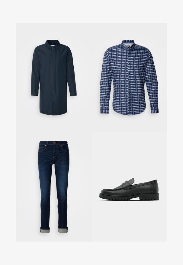 Mørkeblå regnfrakke med en lige silhuet, knaplukket krave, sidelommer og lange ærmer i glat, vandafvisende stof.; Scotch & Soda SLIM FIT SHIRT - Skjorter - faded denim; Dunkelblå jeans med lige ben, lynlås, og opkrøllede kanter. Fremstillet af denim med let falmende farve og kontrastfarvede syninger.; Sorte læder loafers med rund tå, der har et syet design, lav platformssål og en struktureret, skridsikker gummisål.