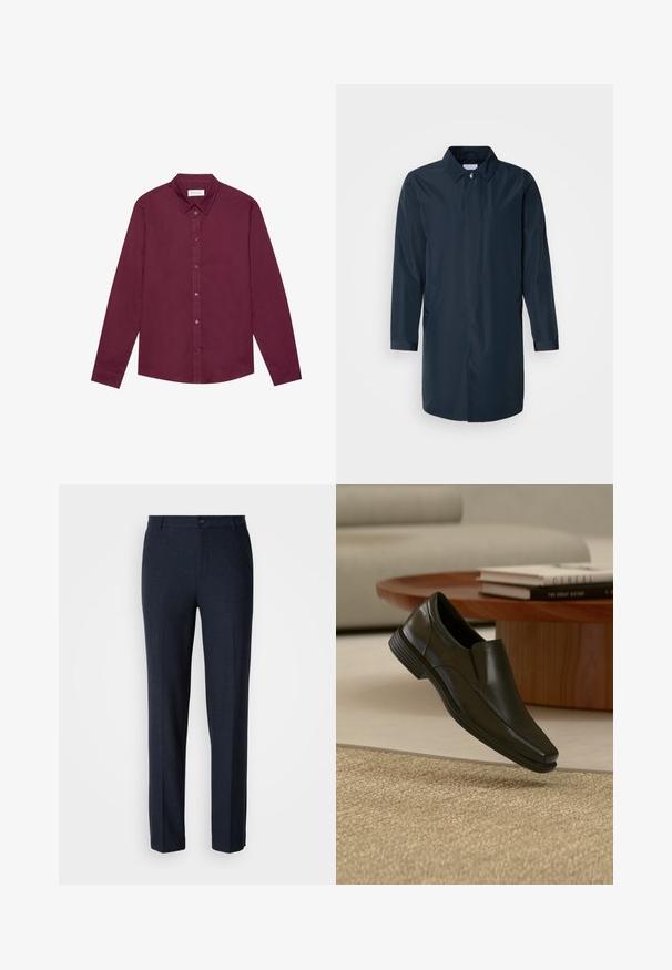 Imperméable bleu marine avec une silhouette droite, col boutonné, poches latérales et manches longues en tissu lisse et résistant à l'eau.; Chemise à manches longues en bordeaux profond, confectionnée dans un mélange de coton. Elle présente un col classique, une fermeture à boutons sur le devant et un léger éclat.; Pantalons bleu marine en tissu lisse. Dotés d'une coupe droite, avec une fermeture à un seul bouton et des poches standard.; Chaussure habillée noire en cuir sans lacets flottant au-dessus d'un tapis beige tissé, avec une table basse ronde en bois et des livres empilés en arrière-plan.