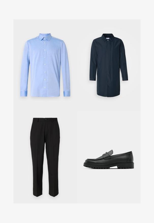 Imperméable bleu marine avec une silhouette droite, col boutonné, poches latérales et manches longues en tissu lisse et résistant à l'eau.; Chemise bleu clair à manches longues, avec un col classique et des boutons blancs. Le tissu semble lisse avec une légère texture.; Pantalon noir en tissu lisse, présentant une coupe droite, des poches avant, un bouton simple de fermeture et sans motifs visibles.; Mocassins en cuir noir à bout arrondi, avec un design cousu, une semelle plateforme basse et une semelle en caoutchouc texturée et crantée.