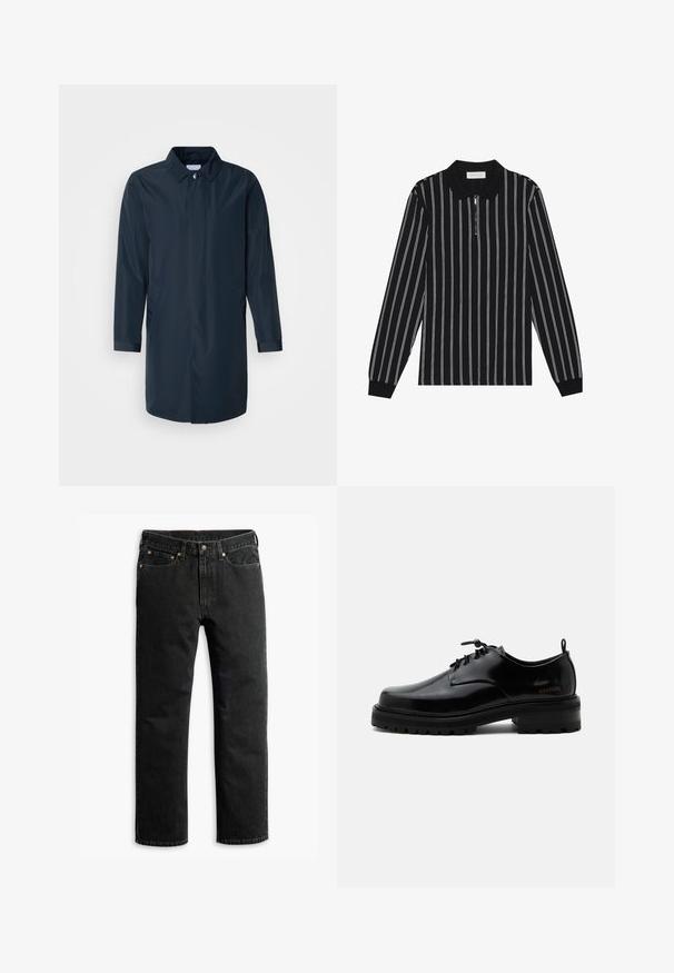 Marineblauwe regenjas met een rechte snit, knoopsluiting, zijzakken en lange mouwen van glad, waterafstotend materiaal.; Zwart polo-shirt met lange mouwen en witte verticale strepen, voorzien van een ritskraag en een gestructureerde stof. Aangevuld met geribde manchetten.; Zwarte rechte spijkerbroek met vijf zakken, riemlussen en een knoopsluiting in de taille, plat gelegd op een witte achtergrond.; Zwarte gepolijste leren veterschoen met dikke rubberen zool en lage hak, zijmerktekst "SAMSOE" en een achterste aantreklus.