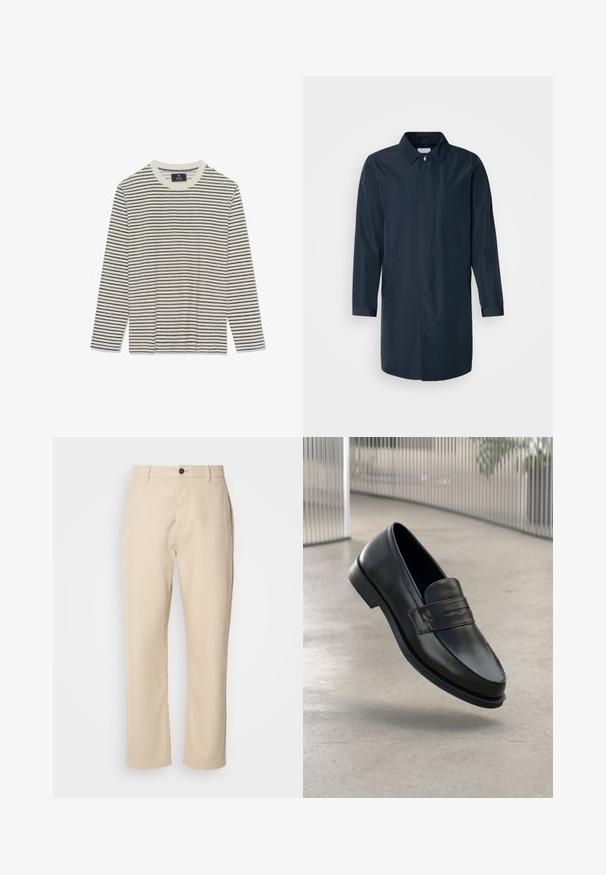 Impermeable azul marino con silueta recta, cuello abotonado, bolsillos laterales y mangas largas en tela suave y resistente al agua.; Camisa de manga larga con una base crema y finas rayas marinas. Presenta un cuello redondo y una textura suave. Sin logotipos ni adornos visibles.; Pantalones de algodón beige con piernas rectas, cierre de botón en la parte delantera, bolsillos laterales y una textura suave. Diseño minimalista, sin patrones visibles.; Mocasín de cuero negro con textura suave, punta puntiaguda y una correa decorativa a lo largo del empeine. Suela ligera, diseño minimalista.