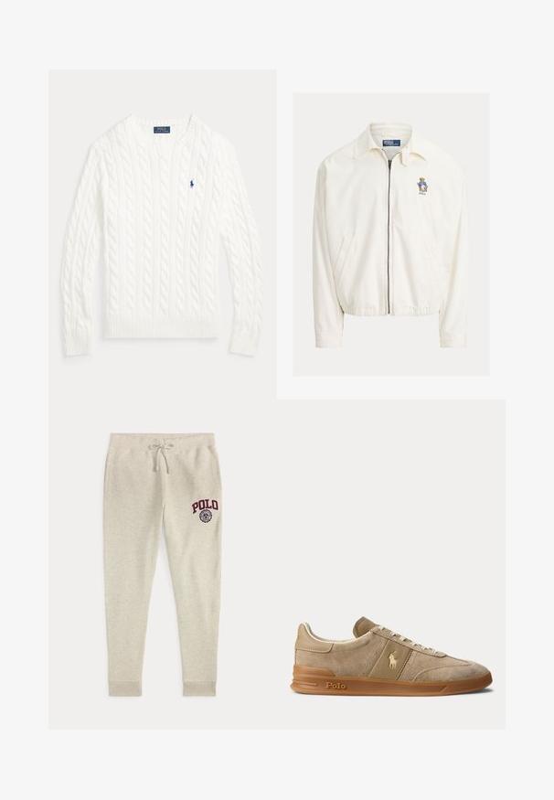 Veste blanche zippée avec col, poches latérales, ourlet élastique et petit ours brodé portant une veste bleue sur la poitrine.; Pull en coton blanc à maille torsadée, col rond, manches longues, poignets et ourlet côtelés, avec petit logo Polo Ralph Lauren bleu sur la poitrine.; Pantalon de survêtement beige à cordon avec poches latérales et logo et emblème rouges "POLO" sur la partie supérieure de la cuisse gauche.; Basket basse beige en daim et cuir avec semelle en gomme, lacets blancs, et logo Polo sur le côté et la semelle.