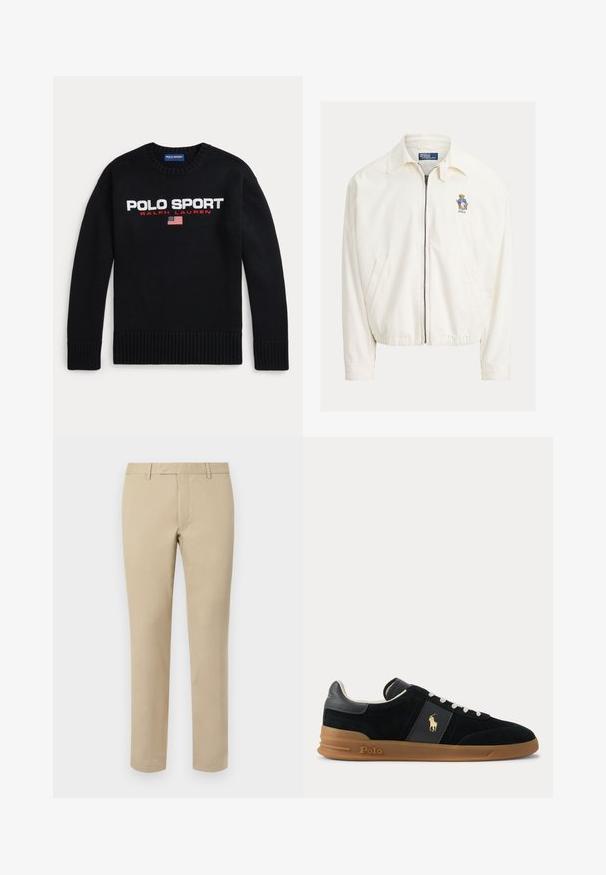 Hvid jakke med lynlås, krave, sidelommer, elastisk kant og lille broderet bjørn med blå jakke på brystet.; Sort crewneck-trøje med teksten "POLO SPORT RALPH LAUREN" og et lille amerikansk flag broderet på brystet.; Beige bomuldsbukser med lige pasform, der har bæltesløjfer, glat front og skræddersyede søm. Glat tekstur og minimal detaljer.; Sort lavtop sneakers med hvide snørebånd, brun gummisål og gyldt Polo-logo på siden og hælkappen.