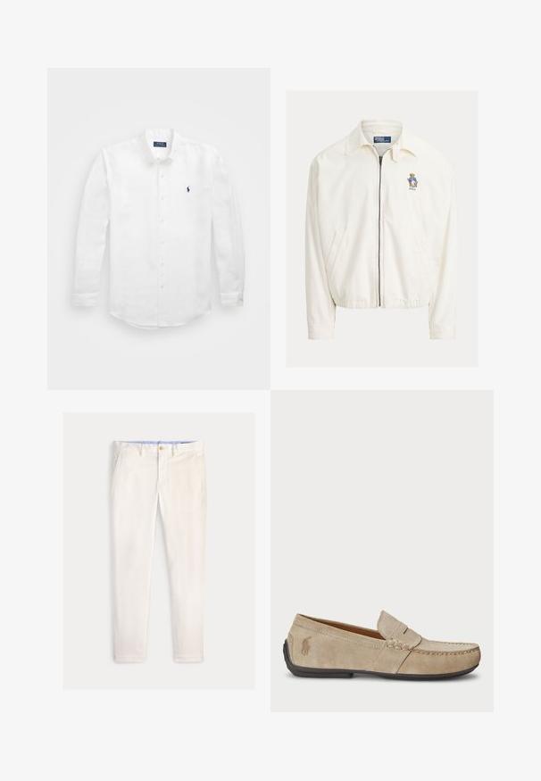 Witte jas met ritssluiting en kraag, zijzakken, elastische zoom en een klein geborduurd beertje met een blauwe jas op de borst.; Witte lange mouwen shirt van katoen met een button-down kraag, voorzien van een klein marineblauw logo op de linkerborst en klassieke knoopsluiting.; Slim-fit herensbroek in off-white met voorzakken, riemlussen en een knoopsluiting op een effen achtergrond.; Beige suède instappers met een gestikt detail, platte rubberen zool en een klein logo aan de zijkant. Klassiek instapontwerp, zachte textuur.