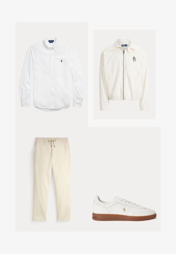 Veste blanche zippée avec col, poches latérales, ourlet élastique et petit ours brodé portant une veste bleue sur la poitrine.; Chemise blanche à manches longues avec boutons, col boutonné et petit logo Polo Ralph Lauren foncé sur la poitrine gauche.; Pantalon décontracté off-white avec taille élastique et cordon de serrage, jambes droites et poches latérales sur un fond uni.; Baskets basses blanches avec semelle marron, lacets à l'avant, et petit logo doré Polo Ralph Lauren sur le côté.