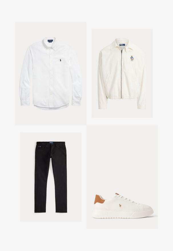 Witte jas met ritssluiting en kraag, zijzakken, elastische zoom en een klein geborduurd beertje met een blauwe jas op de borst.; Wit overhemd met lange mouwen, knopen, button-down kraag en klein donker Polo Ralph Lauren-logo op de linkerborst.; Zwarte denim jeans met een slim fit, voorzien van vijf zakken, riemlussen en een blauw merkembleem op de tailleband. Glad, duurzaam materiaal.; Witte lage sneaker met beige hieltab, witte veters en klein geborduurd polo spelerlogo aan de zijkant boven een dikke zool.