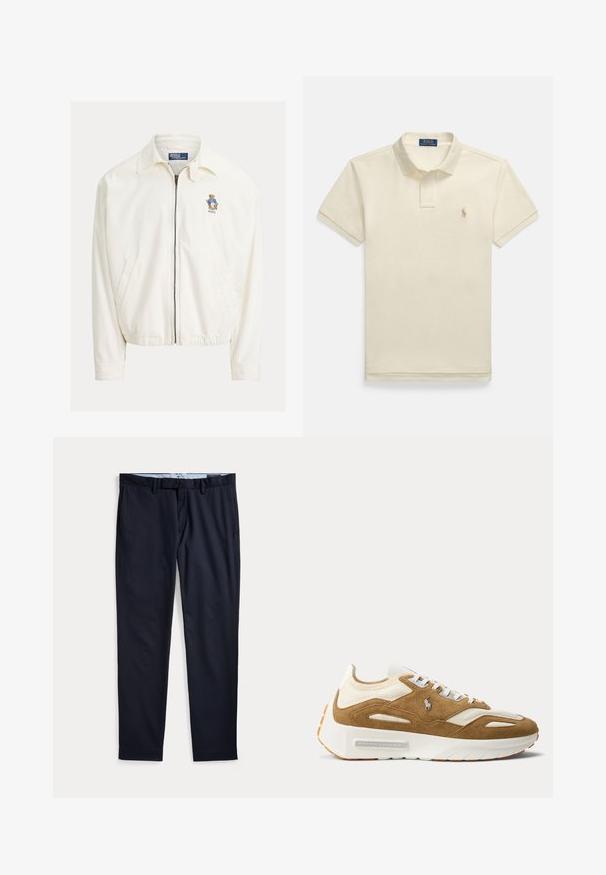 Chaqueta blanca con cremallera y cuello, bolsillos laterales, dobladillo elástico y un pequeño oso bordado con chaqueta azul en el pecho.; Polo beige de manga corta, con cuello abotonado y un pequeño logo bordado en el lado izquierdo del pecho. Material de algodón texturizado.; Pantalones de vestir azul marino para hombre con trabillas para cinturón, bragueta con cremallera y bolsillos laterales, extendidos planos sobre un fondo blanco.; Zapatilla blanca y beige con suela gruesa, parte superior de ante y malla, cierre de cordones en la parte frontal y logotipo de Ralph Lauren en el lateral.