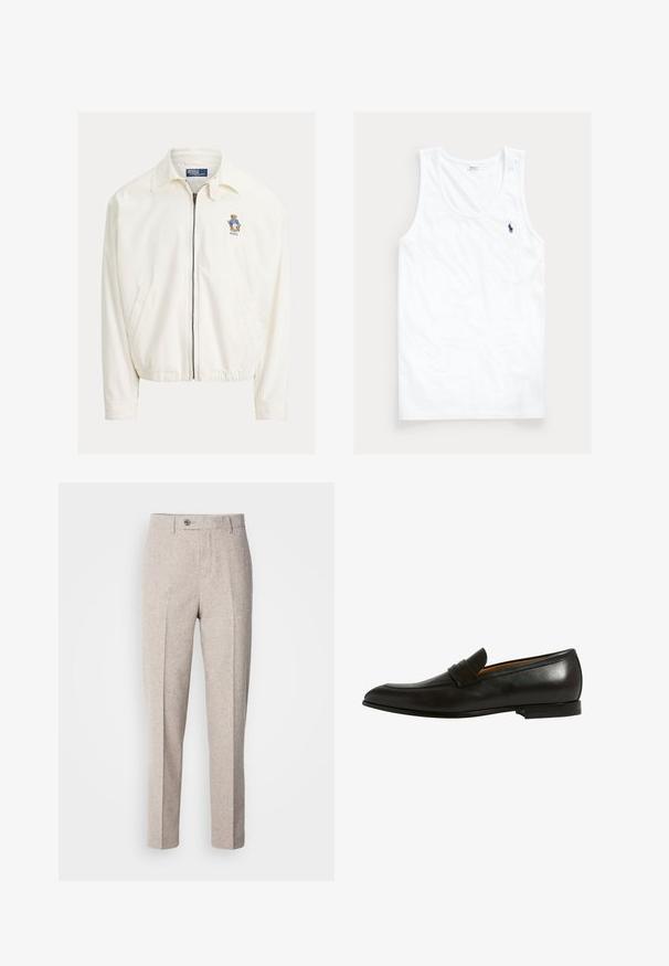 Hvid jakke med lynlås, krave, sidelommer, elastisk kant og lille broderet bjørn med blå jakke på brystet.; Hvid ærmeløs tanktop med rund halsudskæring og lille mørkeblå Polo Ralph Lauren hestelogo på venstre bryst.; Lys beige uldslynger med en glat tekstur, lige snit, frontfolder og en enkelt knaplukning i taljen.; Sorte læder loafers med en glat tekstur, spidse tådesign og dekorativ rem over vristen. Robust, lavprofil sål.