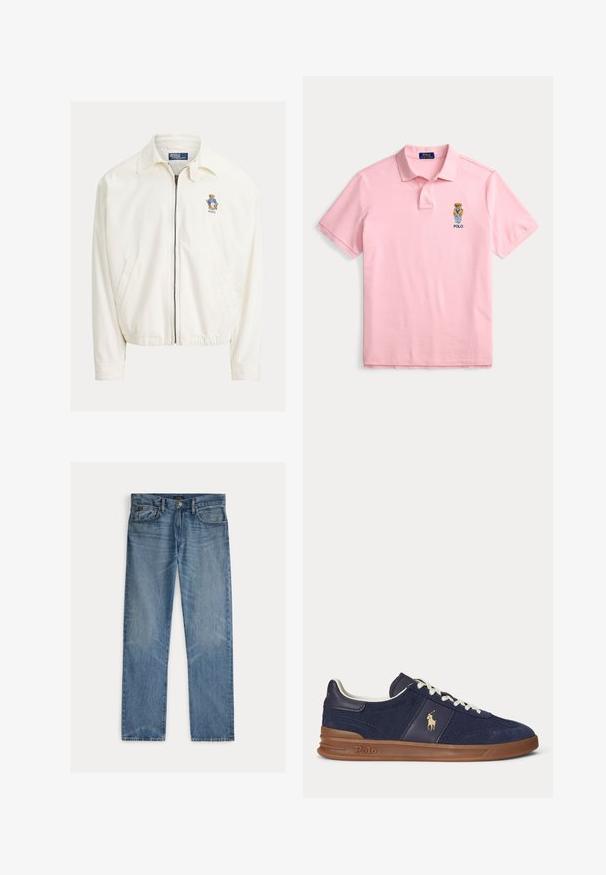 Witte jas met ritssluiting en kraag, zijzakken, elastische zoom en een klein geborduurd beertje met een blauwe jas op de borst.; Lichtroze poloshirt met korte mouwen, knoopkraag en kleine geborduurde beer met kleren boven het woord "POLO" op de borst.; Lichtblauwe spijkerbroek met een rechte snit, voorzien van vijf zakken, een knoopsluiting en subtiele vervagingen in de stof.; Marineblauwe lage sneaker met witte veters, bruine zool en Polo-spelerlogo aan de zijkant, gezien van links.