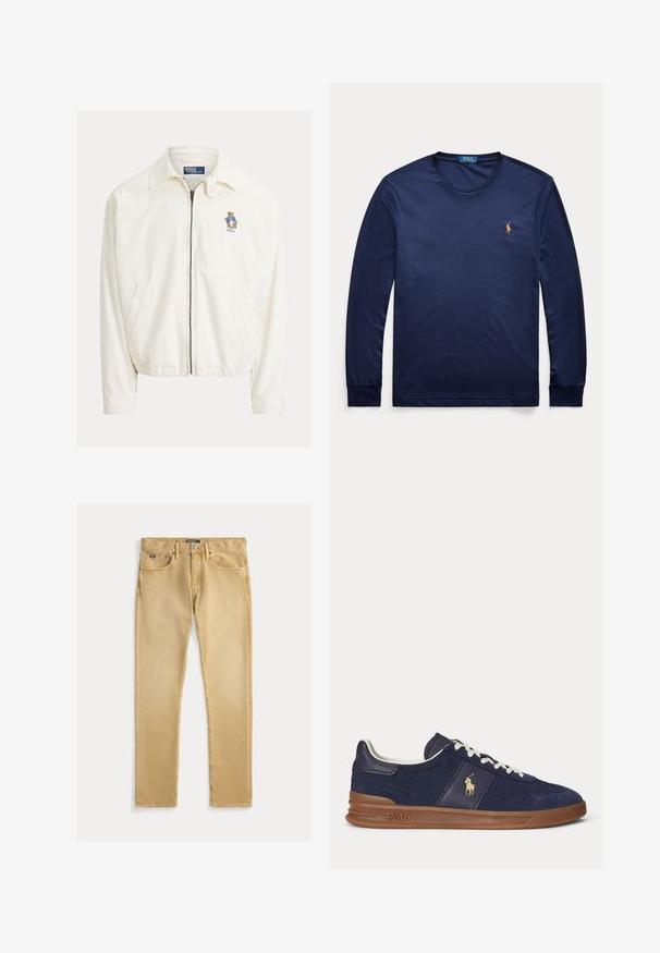 Chaqueta blanca con cremallera y cuello, bolsillos laterales, dobladillo elástico y un pequeño oso bordado con chaqueta azul en el pecho.; Camiseta de manga larga azul marino con cuello redondo y pequeño logo Polo Ralph Lauren bordado en el pecho izquierdo.; Vaqueros de algodón beige con un ajuste slim, diseño de cinco bolsillos y costura visible. Presentan un botón de metal y una etiqueta en la cinturilla.; Zapatilla deportiva baja azul marino con cordones blancos, suela marrón y logo de jugador de polo en el lateral, vista desde la izquierda.